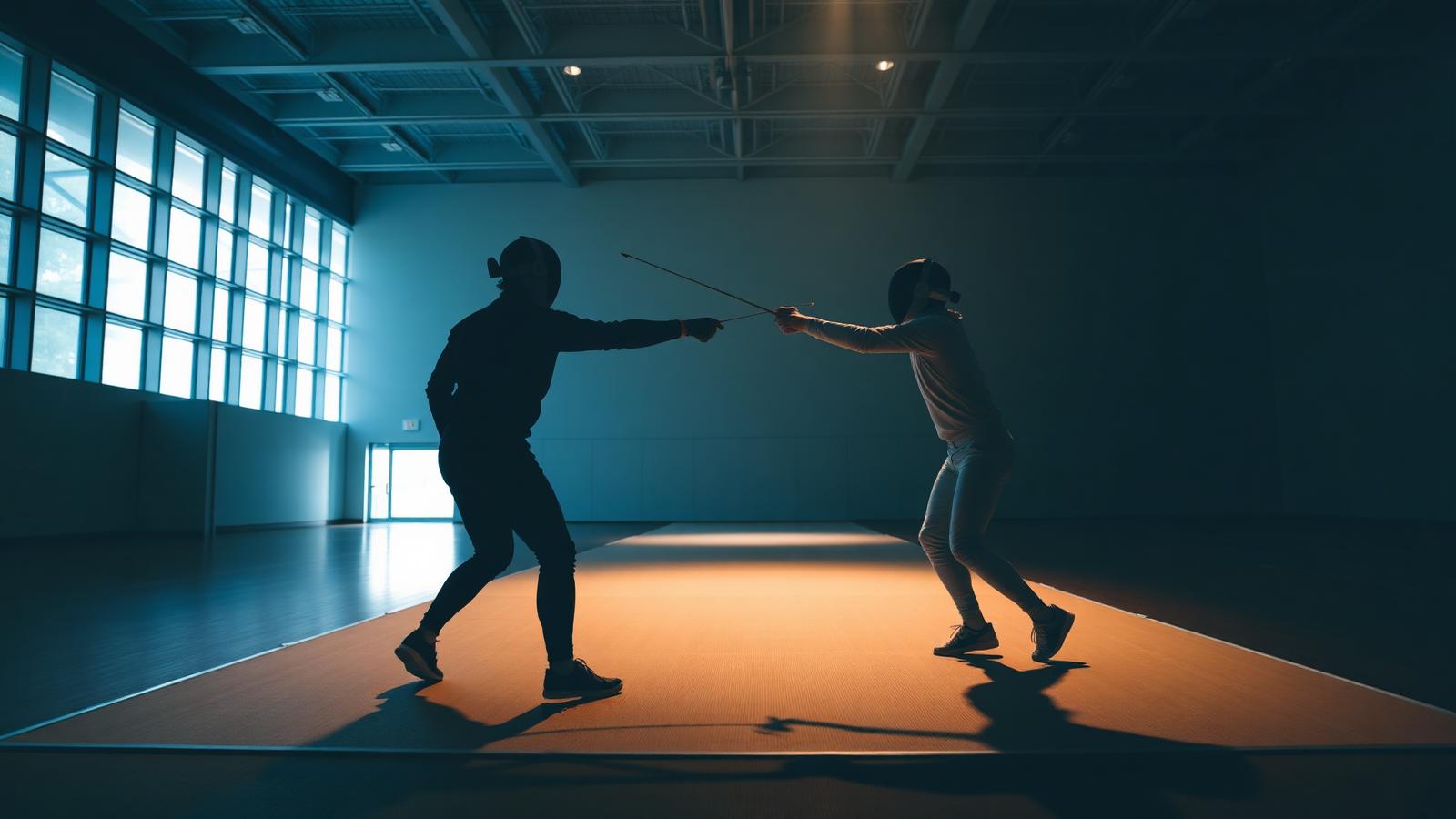 Two fencers dueling on a piste